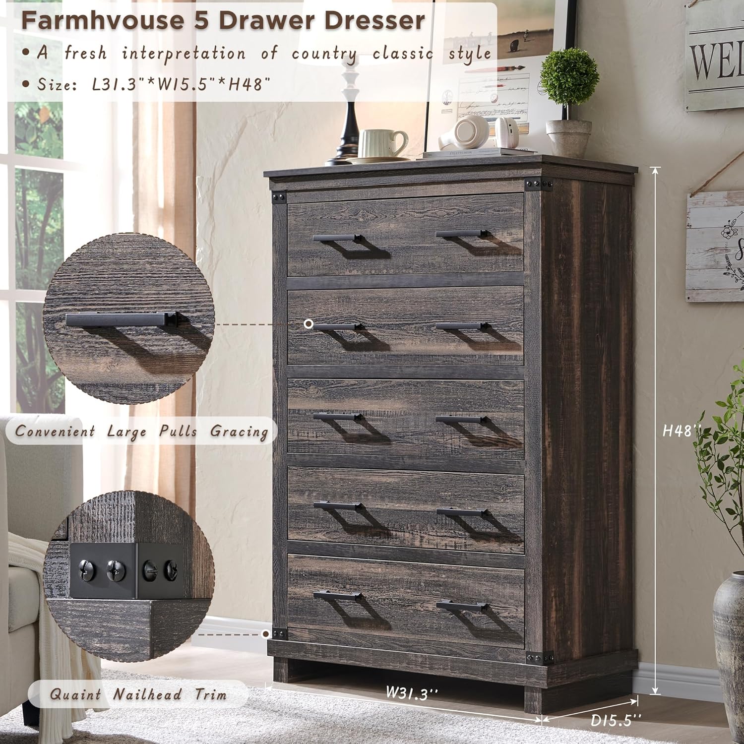 Farmhouse 5-Drawer Dresser: Rustic Wood Tall Chest for Bedroom