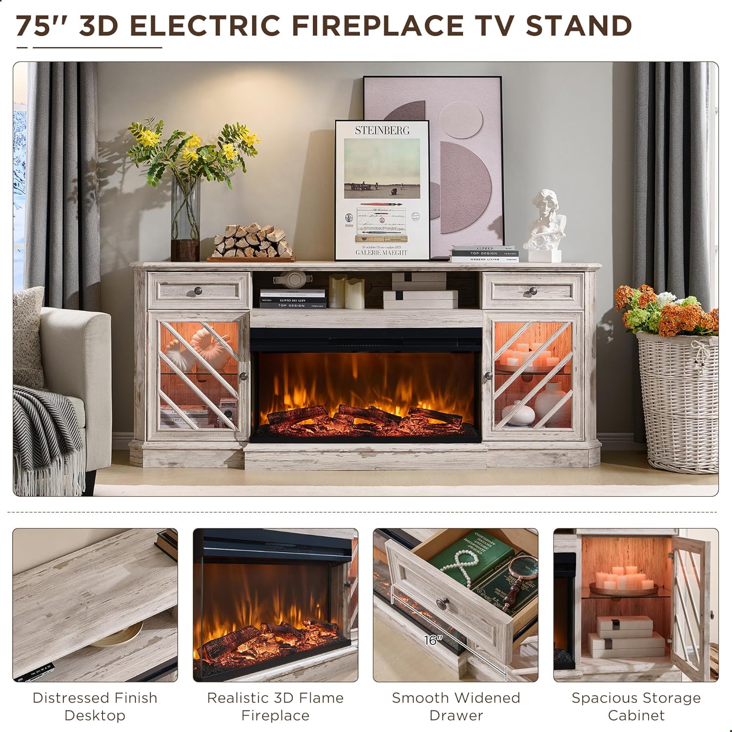 OKD 75 Inch Fireplace TV Stand Entertainment Center Console