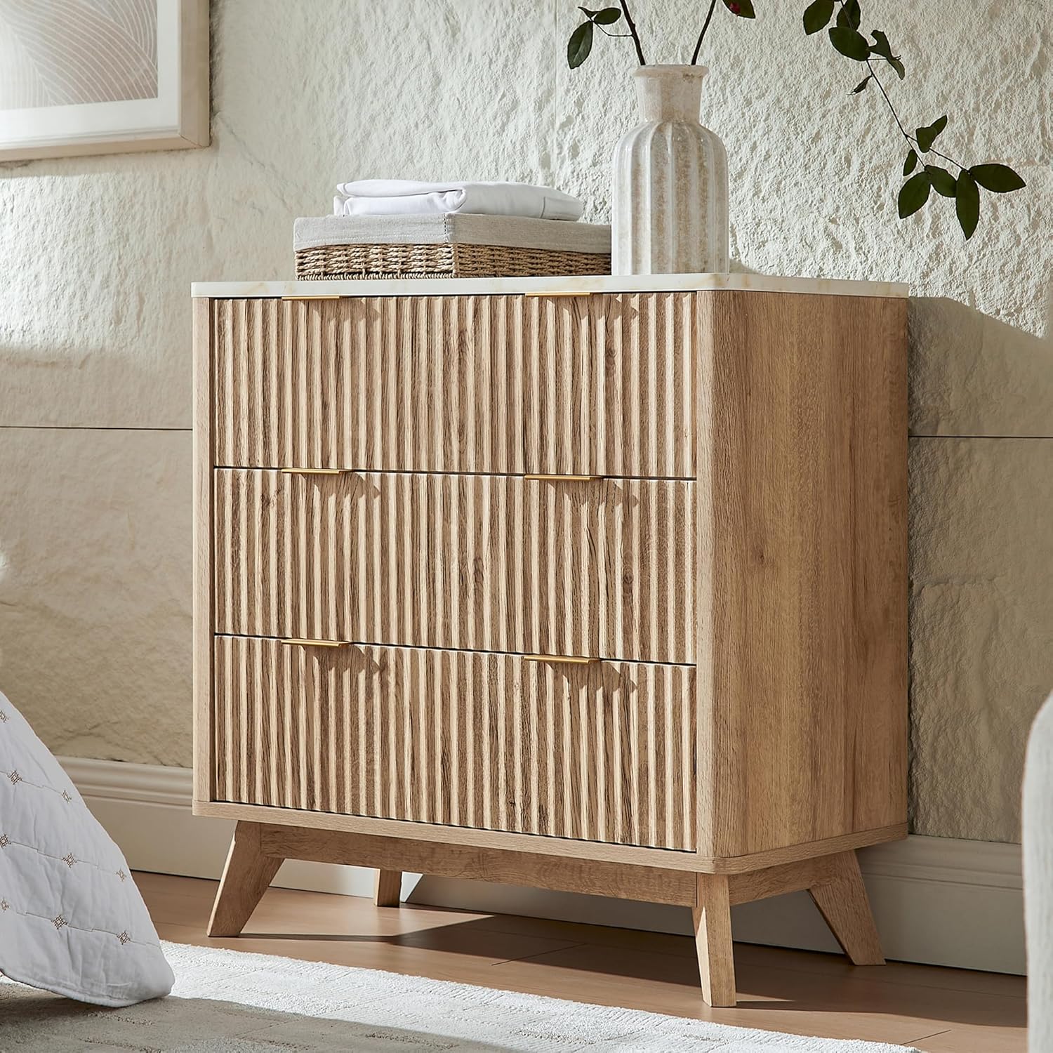 T4TREAM Fluted 3-Drawer Dresser: Modern Chest with Faux Marble Top