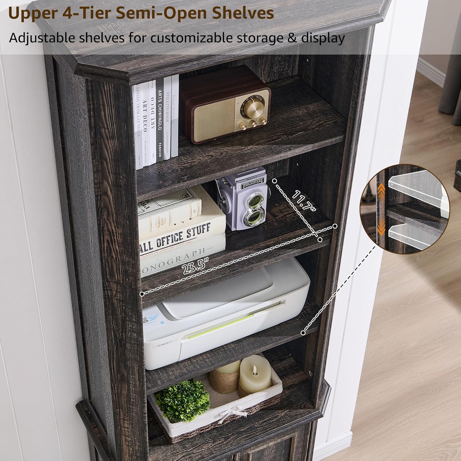 Rustic Oak 6-Tier Bookshelf with Doors and Adjustable Shelves