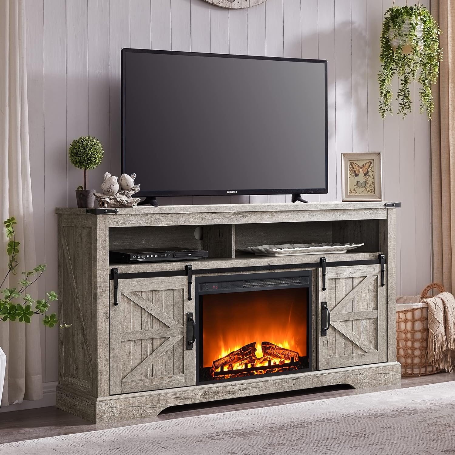 Fireplace TV Stand for 65+ Inch TV, Farmhouse Style