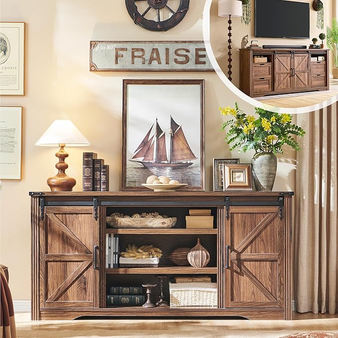 Farmhouse TV Stand with Sliding Barn Door, Rustic Media Console