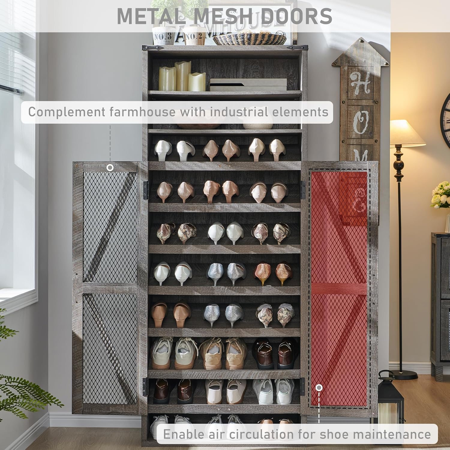 72" Tall Farmhouse Shoe Cabinet – Mesh Door, Adjustable Shelves, Grey