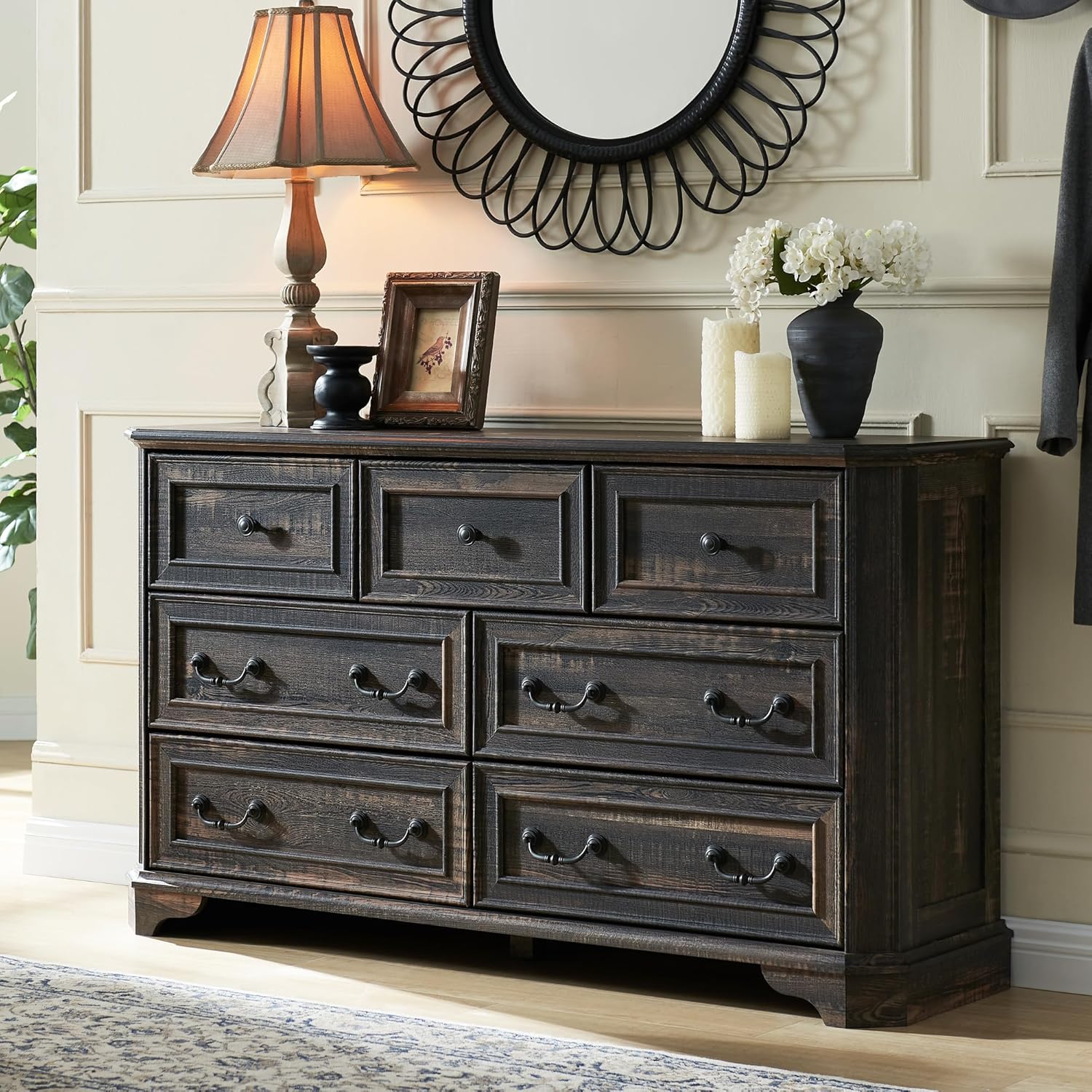 Farmhouse 7 Drawer Dresser Wide Wood Rustic Chest Organizer