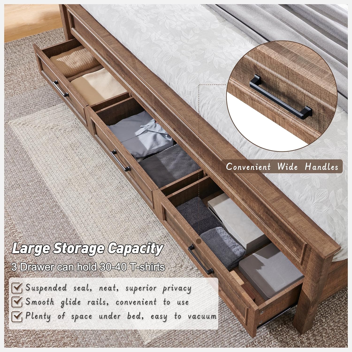 King Size Farmhouse Wood Platform Bed Frame with Storage Drawers