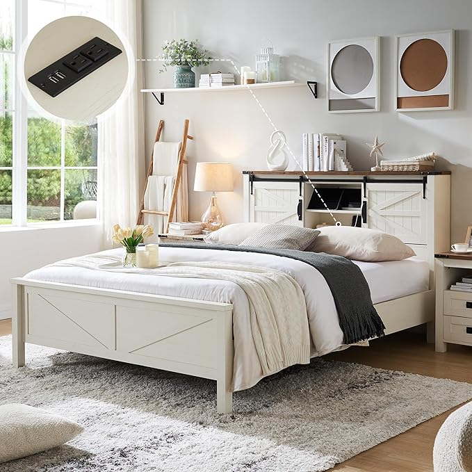 Farmhouse Full Size Bed Frame with Bookcase Headboard and Charging