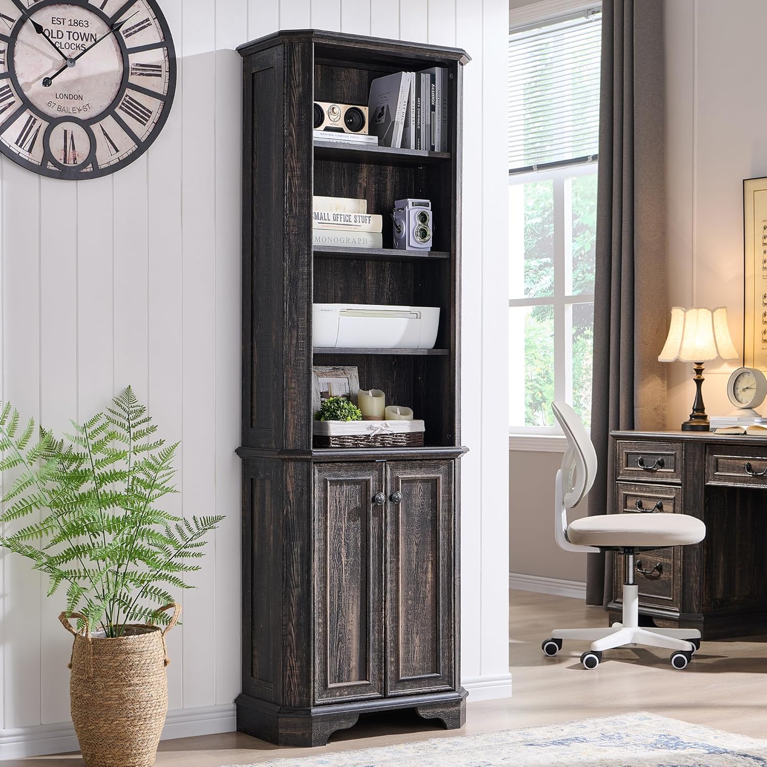 Rustic Oak 6-Tier Bookshelf with Doors and Adjustable Shelves