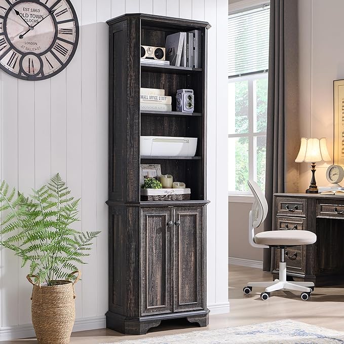 Rustic Oak 6-Tier Bookshelf with Doors and Adjustable Shelves