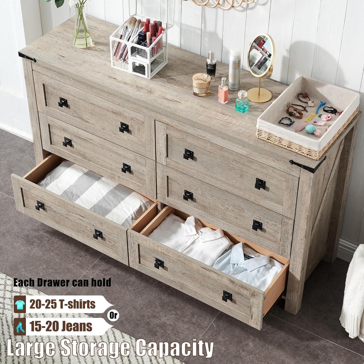 Rustic Farmhouse 6-Drawer Wood Dresser | Bedroom Storage Organizer