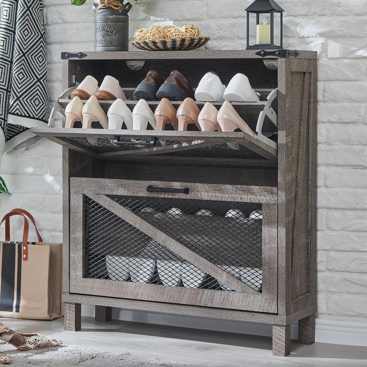 Farmhouse Grey Shoe Cabinet with Flip Drawers and Mesh Doors