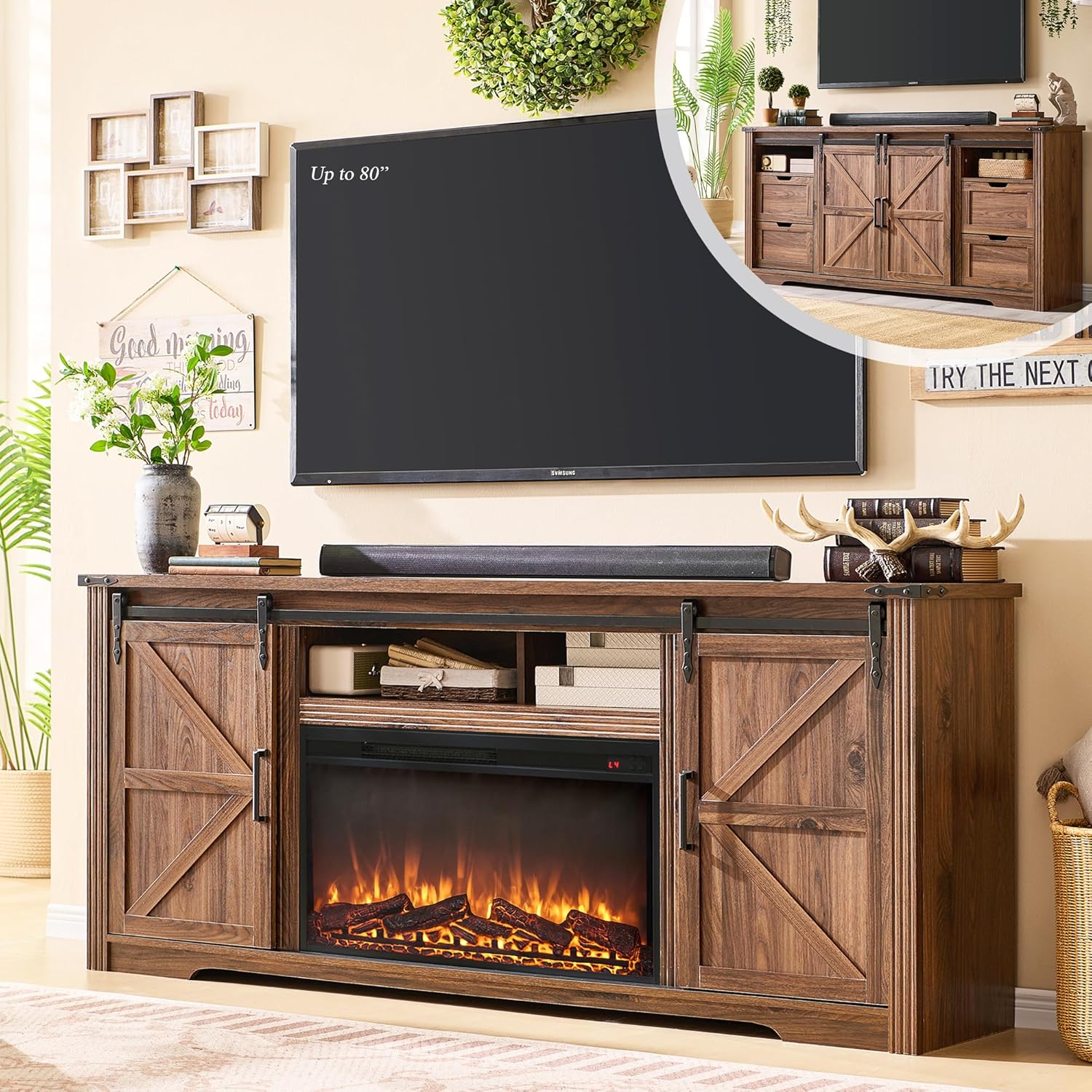 Farmhouse Fireplace TV Stand for 80 Inch TV Entertainment Center