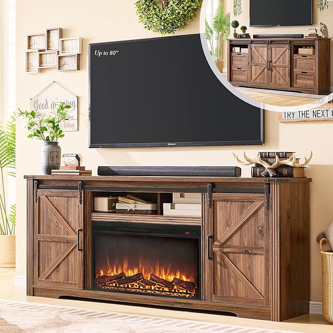 Farmhouse Fireplace TV Stand for 80 Inch TV Entertainment Center