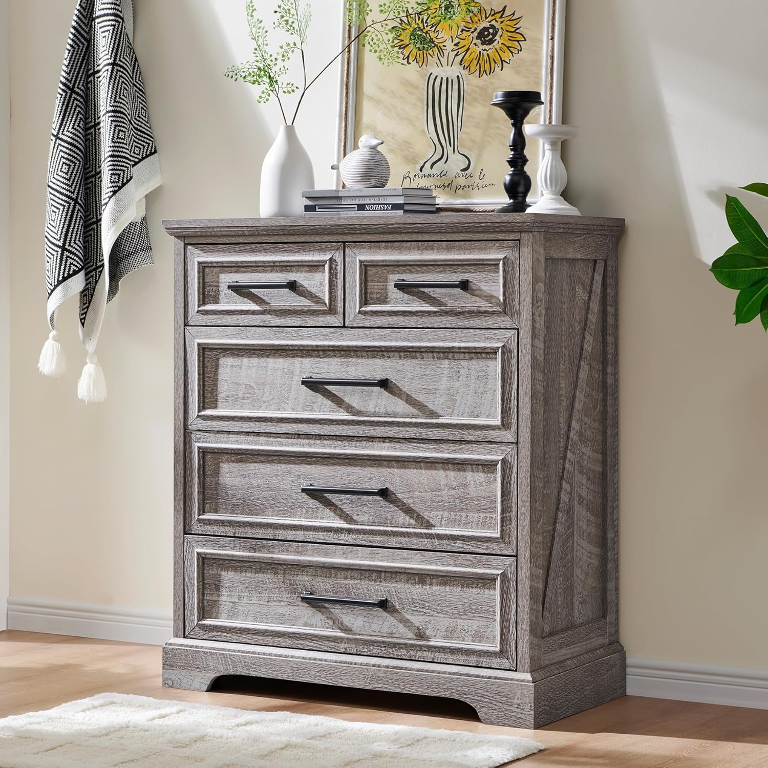 Rustic Grey Farmhouse 5-Drawer Dresser | Bedroom Storage Organizer