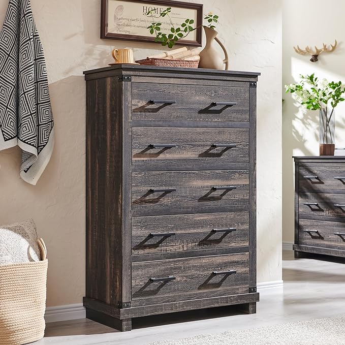 Farmhouse 5-Drawer Dresser: Rustic Wood Tall Chest for Bedroom