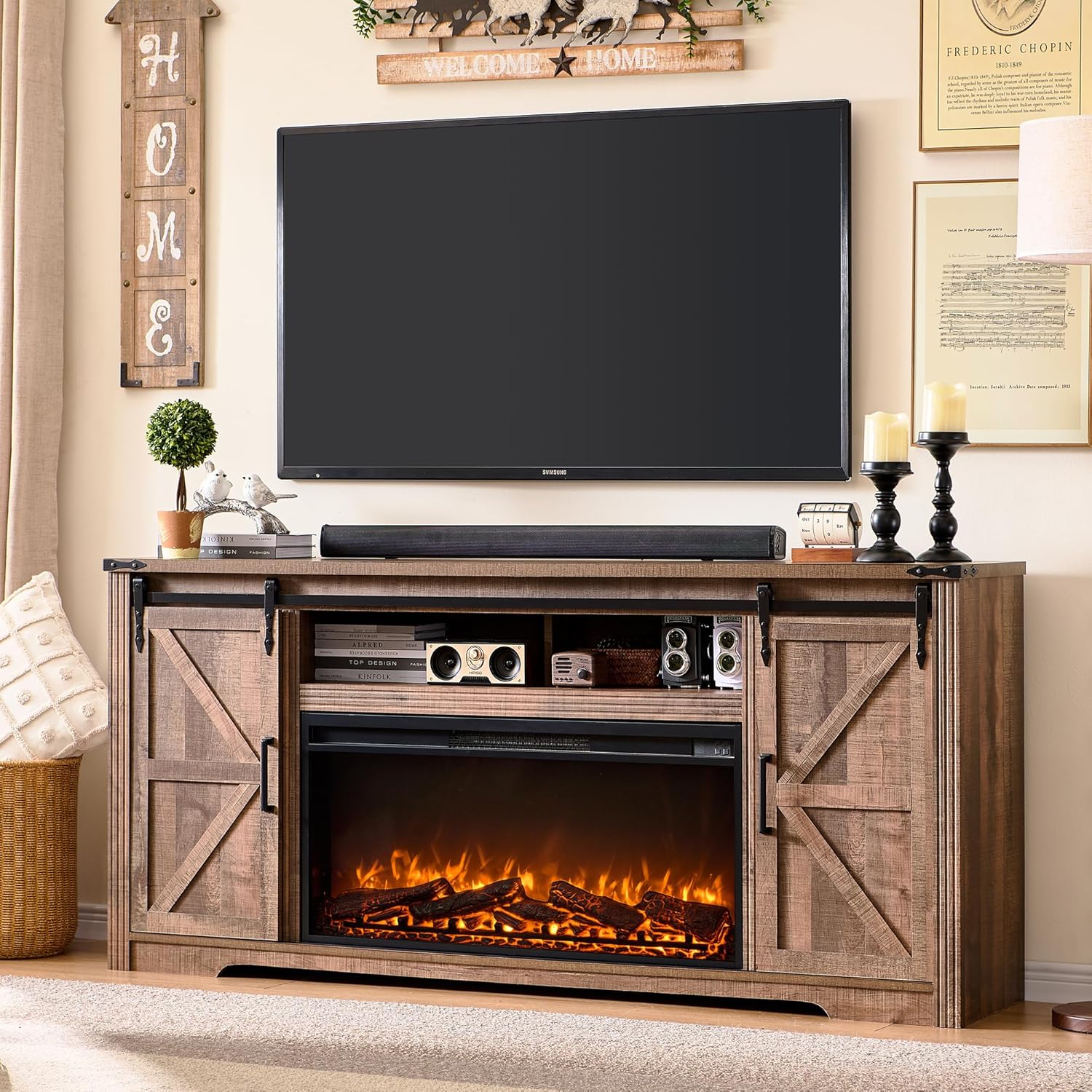 Farmhouse Fireplace TV Stand for 80 Inch TV with Storage