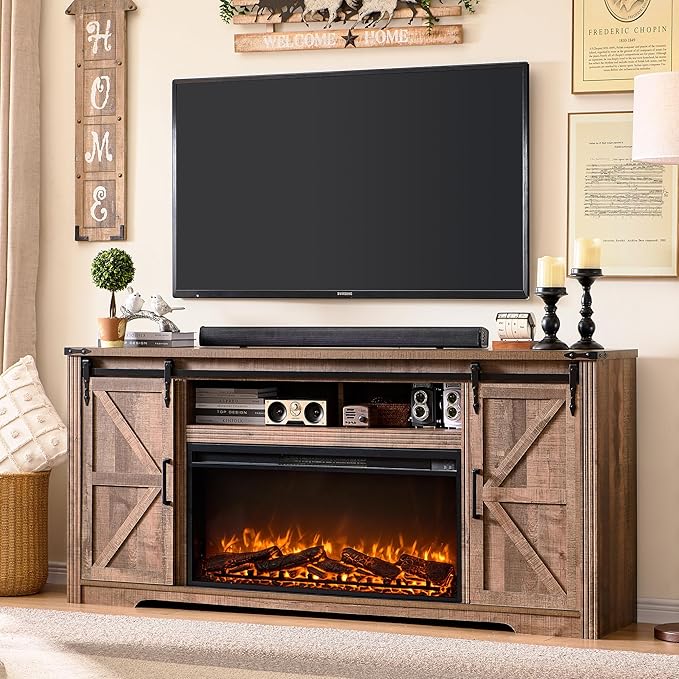 Farmhouse Fireplace TV Stand for 80 Inch TV with Storage