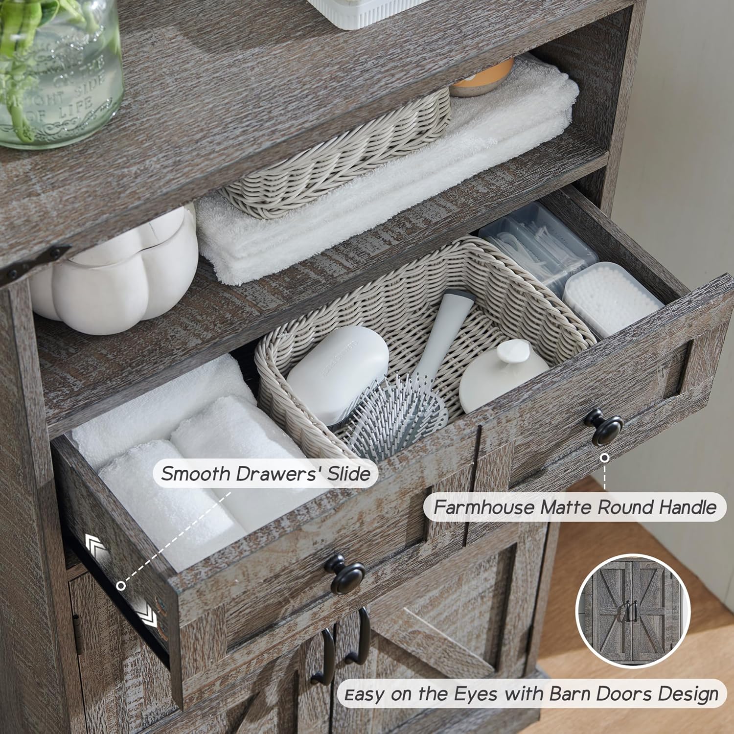 Farmhouse Bathroom Floor Cabinet with Drawer and Barn Doors - Grey