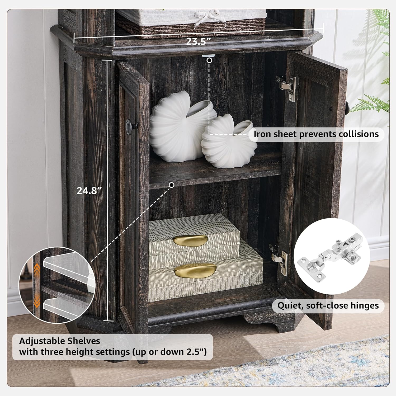 Rustic Oak 6-Tier Bookshelf with Doors and Adjustable Shelves