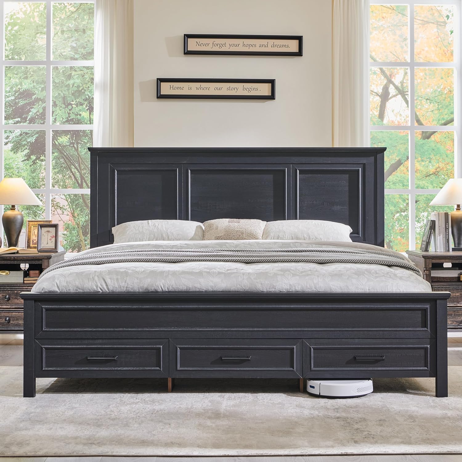 Farmhouse Queen Wooden Bed Frame with Storage, 52" Headboard