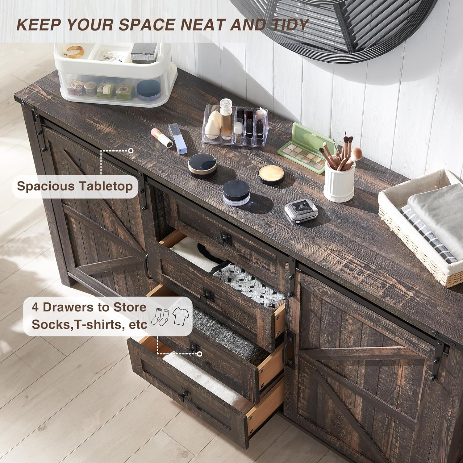 T4TREAM 60'' Farmhouse Dresser with Barn Doors - Rustic Oak