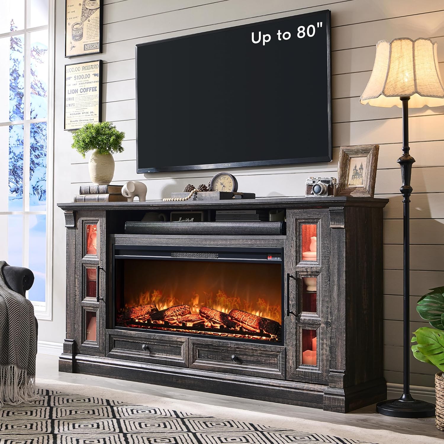 Rustic Farmhouse Fireplace TV Stand - Fits Up to 80 Inch TV