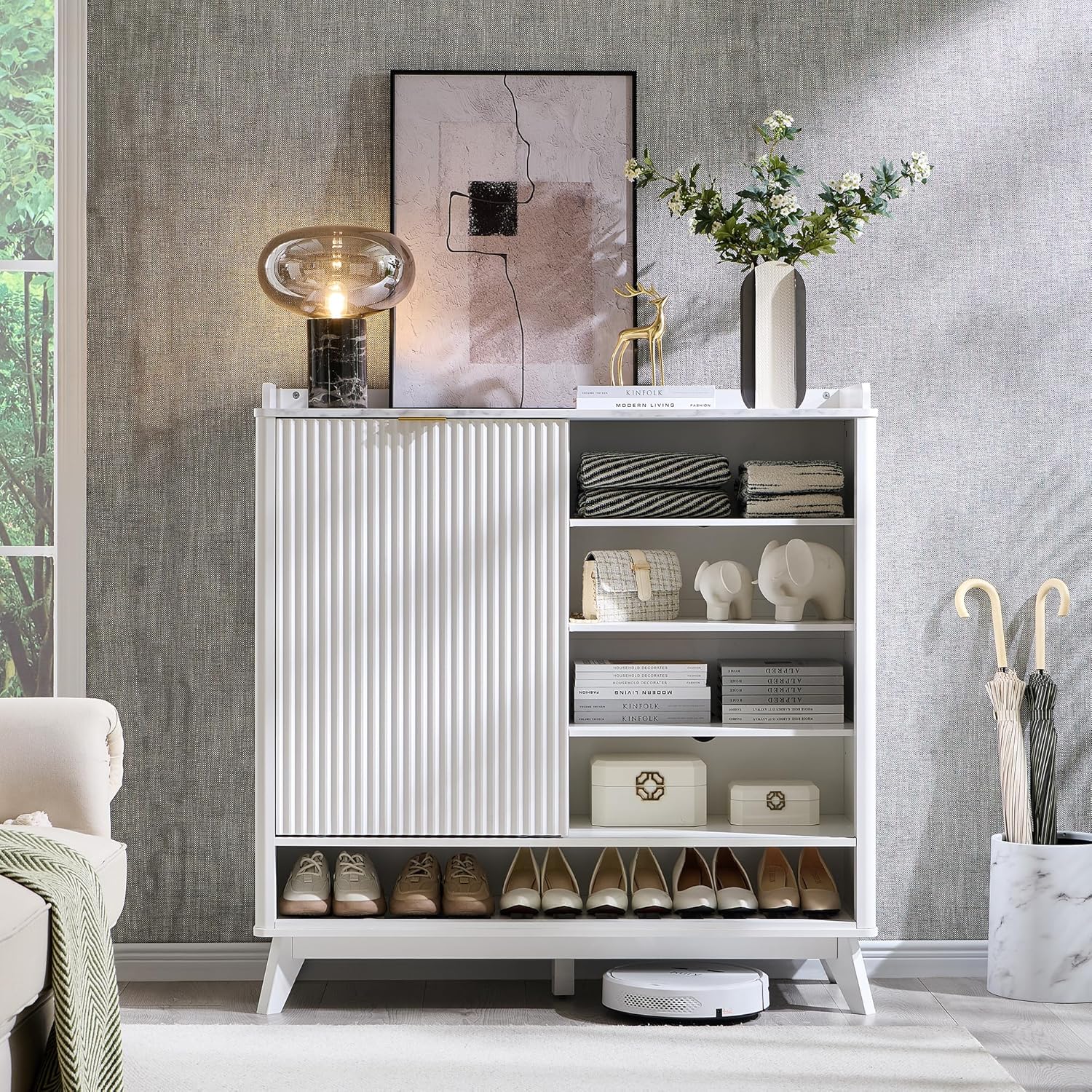 T4TREAM White Fluted Shoe Storage Cabinet - Organizer for Entryway