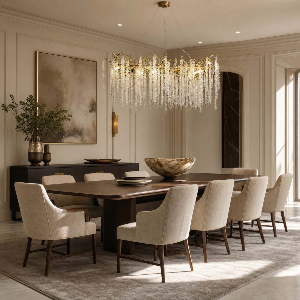 A Yiosi gold metal branch chandelier with cascading crystal beads suspended in a rainfall arrangement.