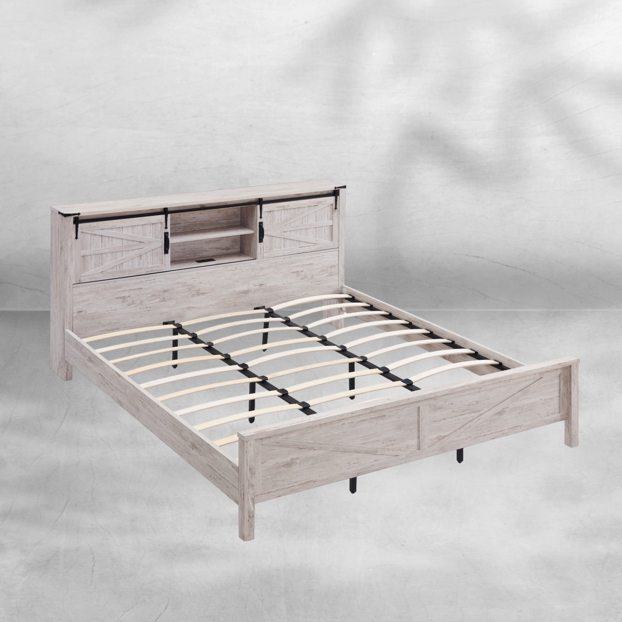 Rustic Farmhouse King Bed Frame with Bookcase Headboard and Charging Station