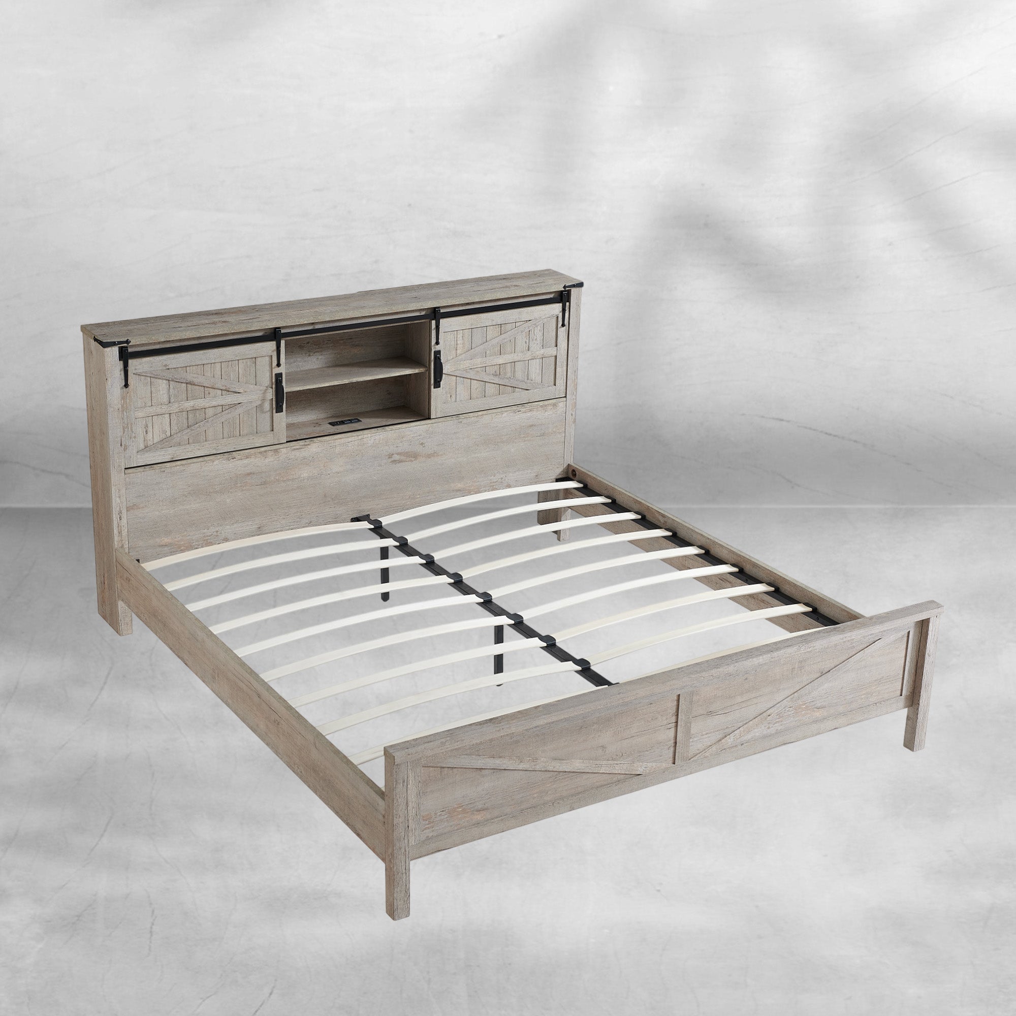 Rustic Farmhouse King Bed Frame with Bookcase Headboard and Charging Station