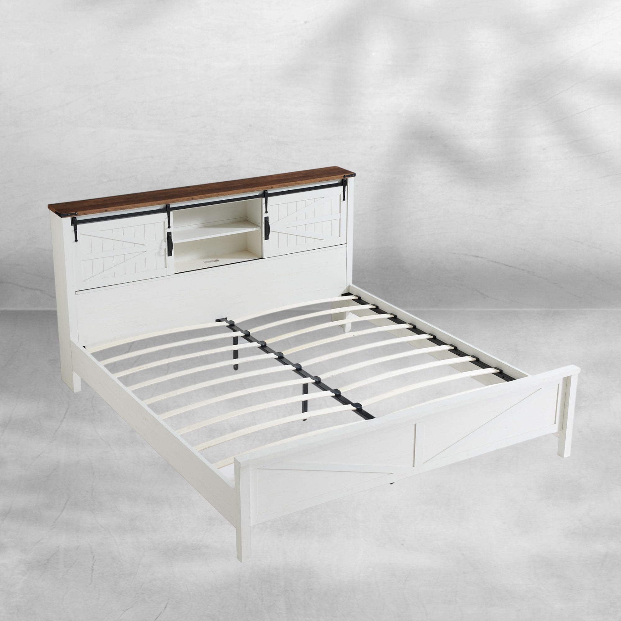 Rustic Farmhouse King Bed Frame with Bookcase Headboard and Charging Station