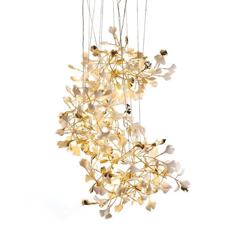 Gliss Ceramic Ginkgo Stair Long Branch Luxury Chandelier for Foyer Entryway