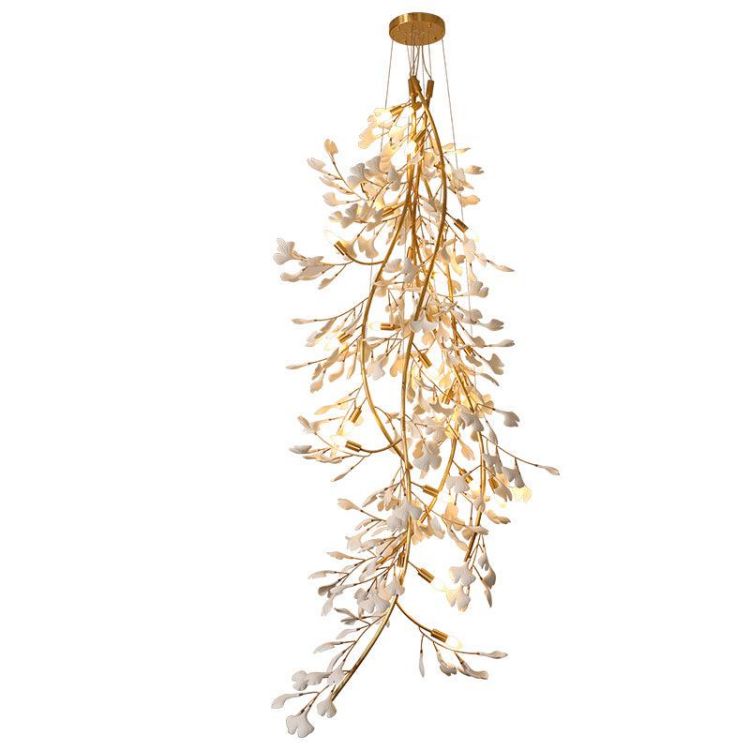 Gliss Ceramic Ginkgo Stair Long Branch Luxury Chandelier for Foyer Entryway