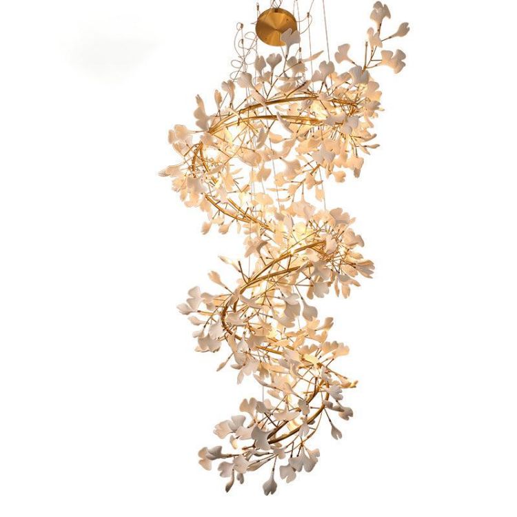 Gliss Ceramic Ginkgo Stair Long Branch Luxury Chandelier for Foyer Entryway