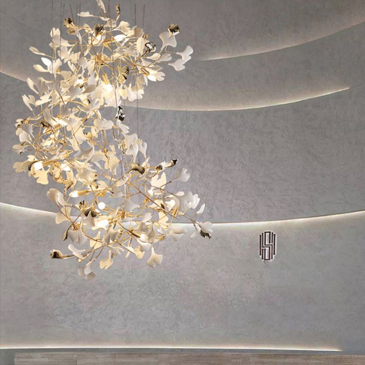 Gliss Ceramic Ginkgo Stair Long Branch Luxury Chandelier for Foyer Entryway