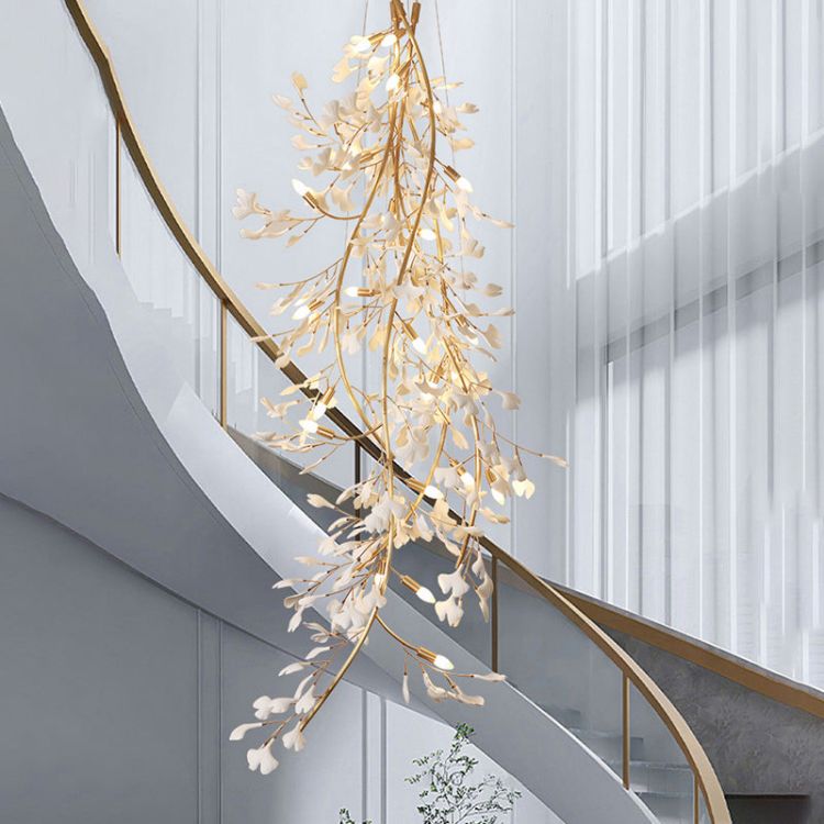 Gliss Ceramic Ginkgo Stair Long Branch Luxury Chandelier for Foyer Entryway
