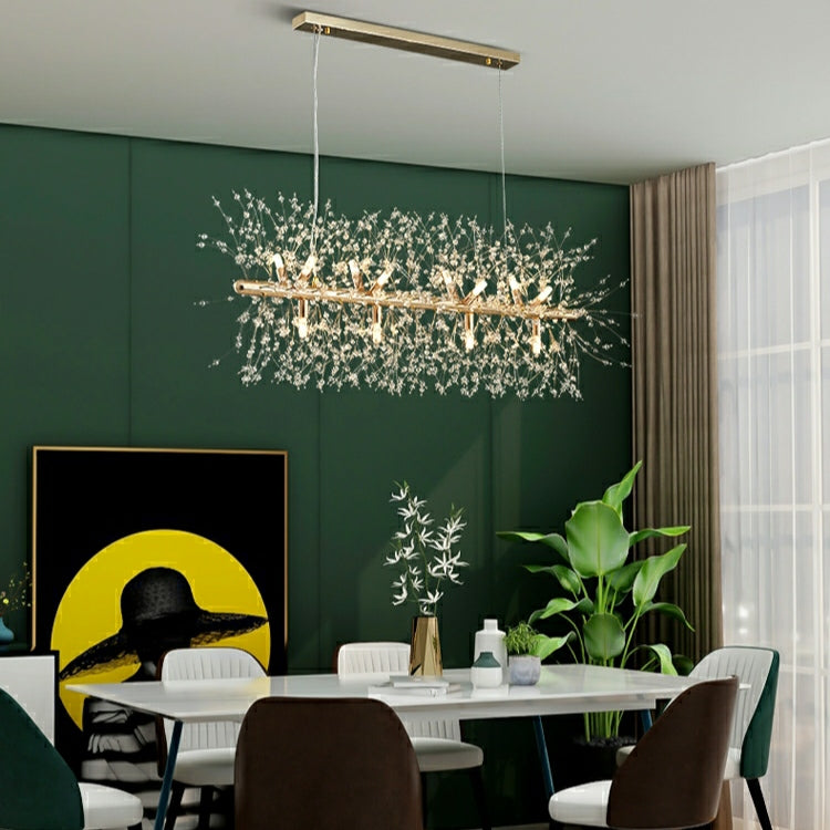 Dandelion Crystal Chandelier Light Firefly/ Glowworm Hanging Lamp Pendant For Rectangle Dining Room Table