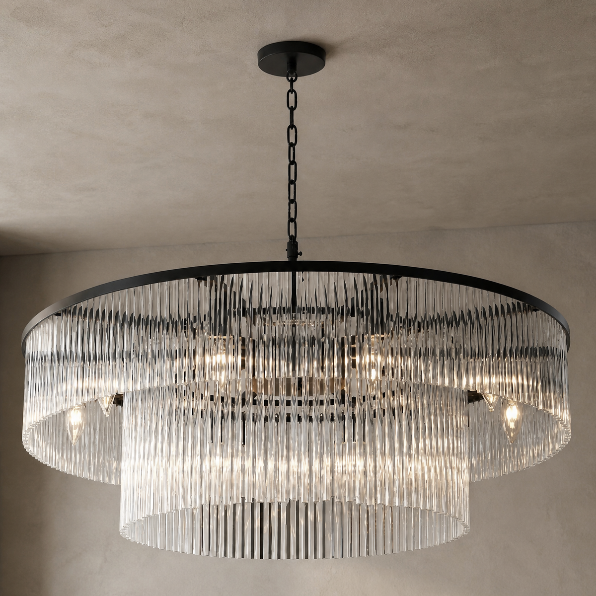 D800 Double-Layer Striped Column Round Pendant - Black