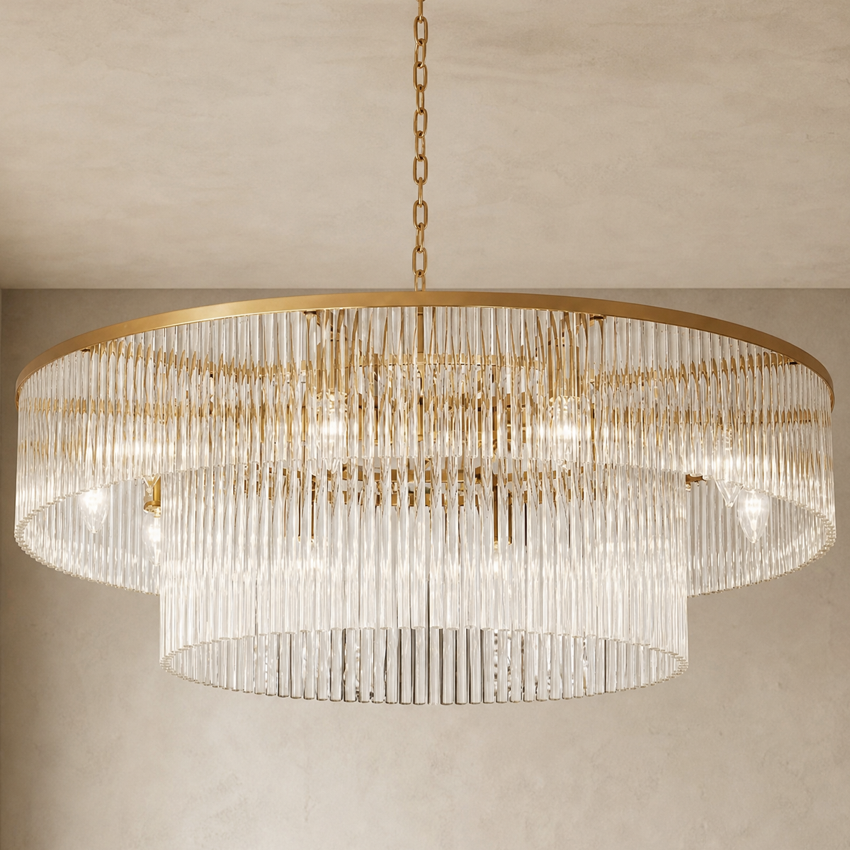 D800 Double-Layer Striped Column Round Pendant - Gold