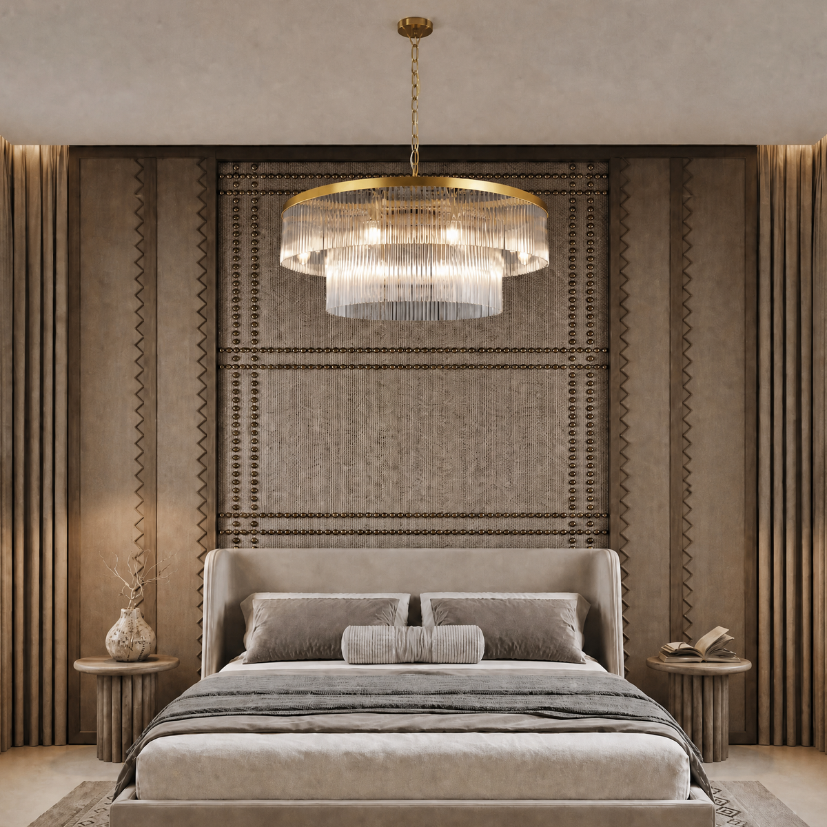D800 Double-Layer Striped Column Round Pendant - Gold