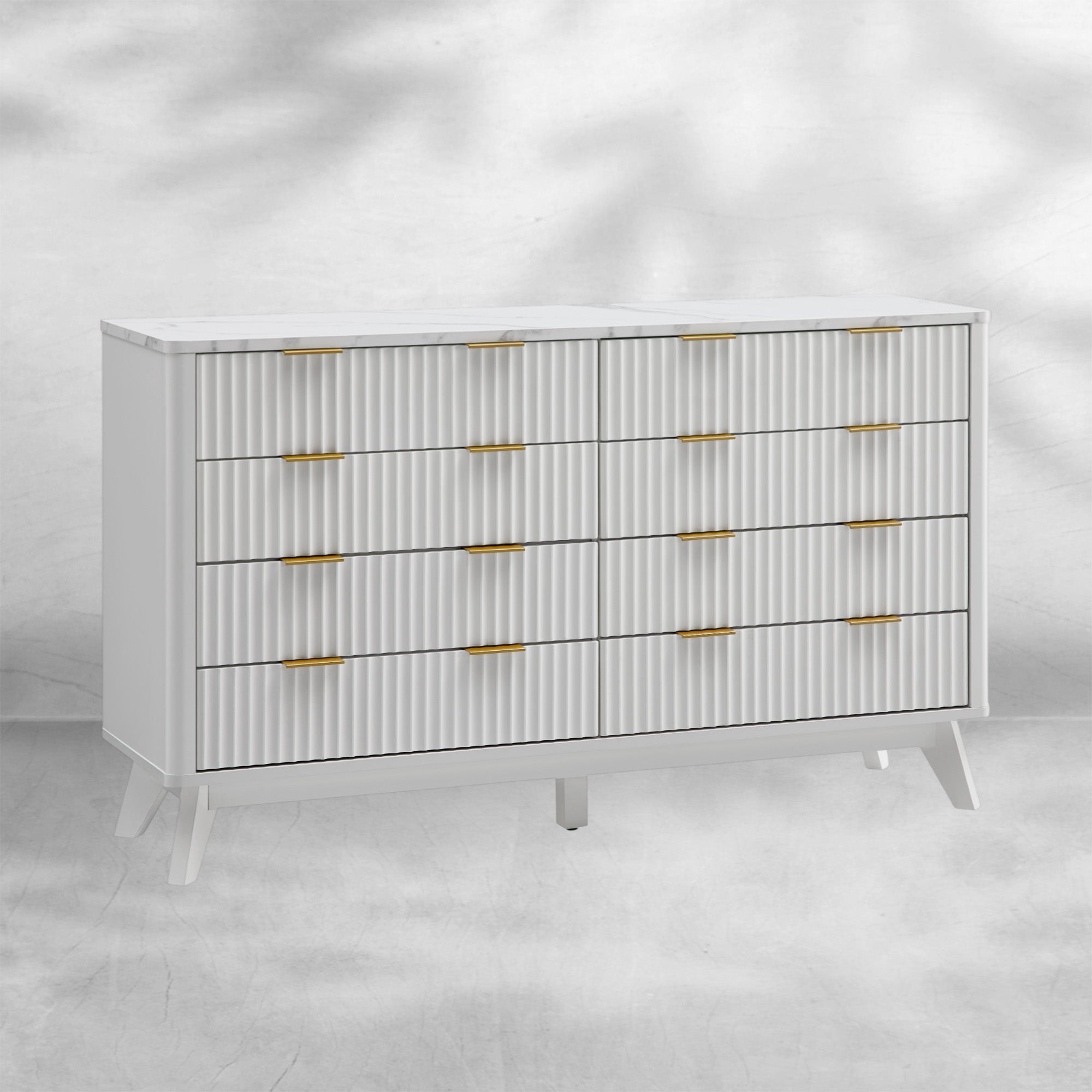 Modern Fluted 8-Drawer Dresser 54" Wide Chest with Faux Marble Top