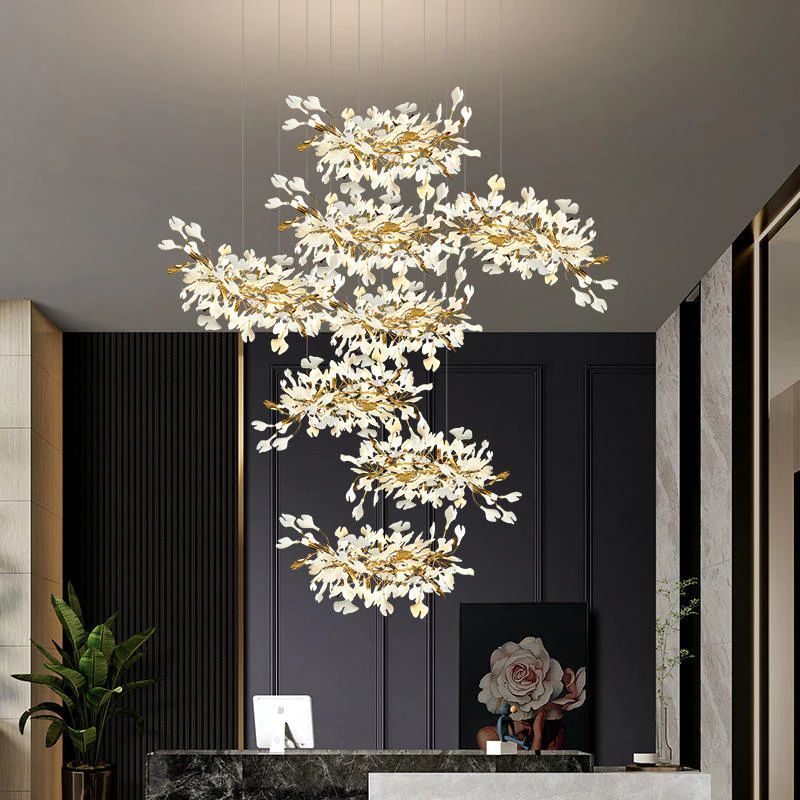 Gliss Ceramic Ginkgo Cascading Branch Chandelier, Modern Tree Chandelier