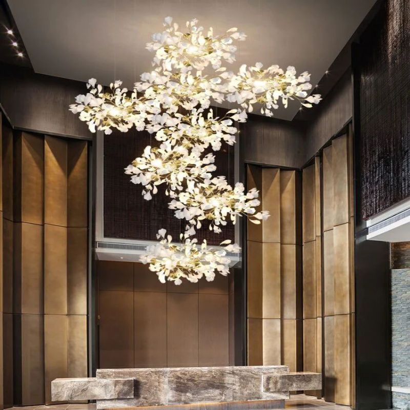 Gliss Ceramic Ginkgo Cascading Branch Chandelier, Modern Tree Chandelier