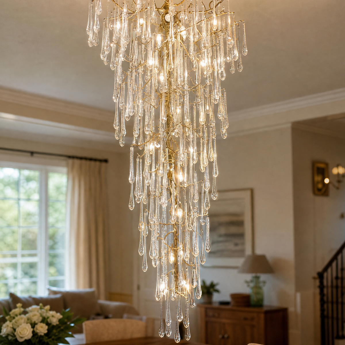 Gold Tiered Crystal Cascading Chandelier for High Ceilings