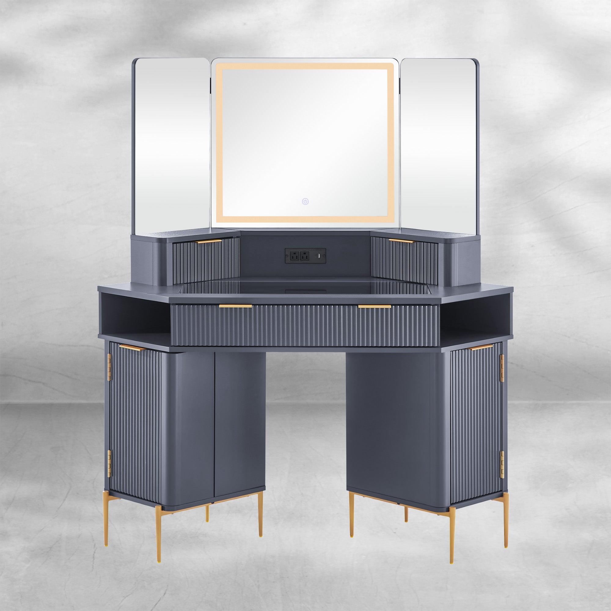 Fluted Corner Vanity Desk 48" with Lighted Mirror and Charging Outlet