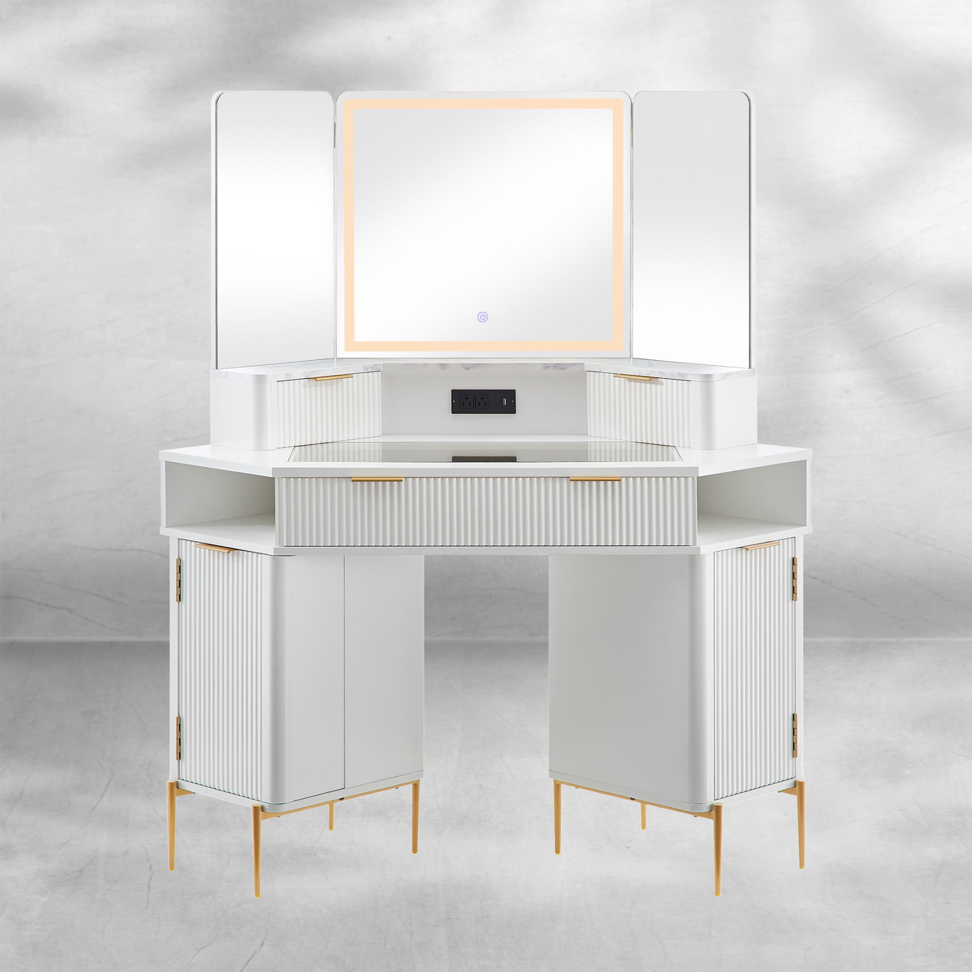 Fluted Corner Vanity Desk 48" with Lighted Mirror and Charging Outlet