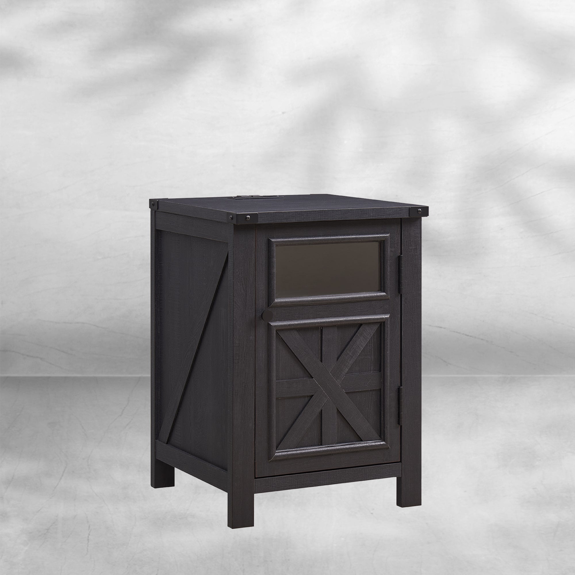 Farmhouse End Table 18" with 3-Tier Storage Charging Station Rustic Barn Door Nightstand