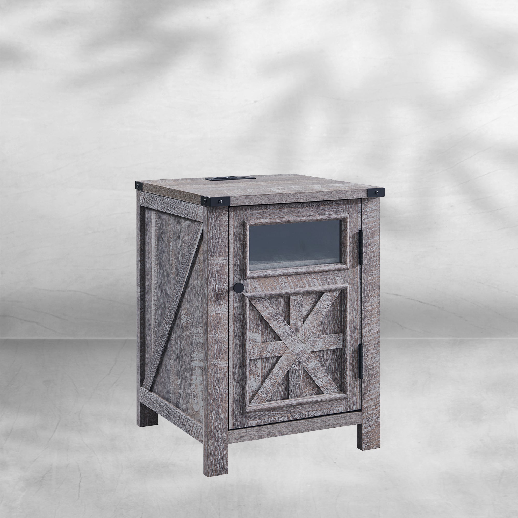 Farmhouse End Table 18" with 3-Tier Storage Charging Station Rustic Barn Door Nightstand