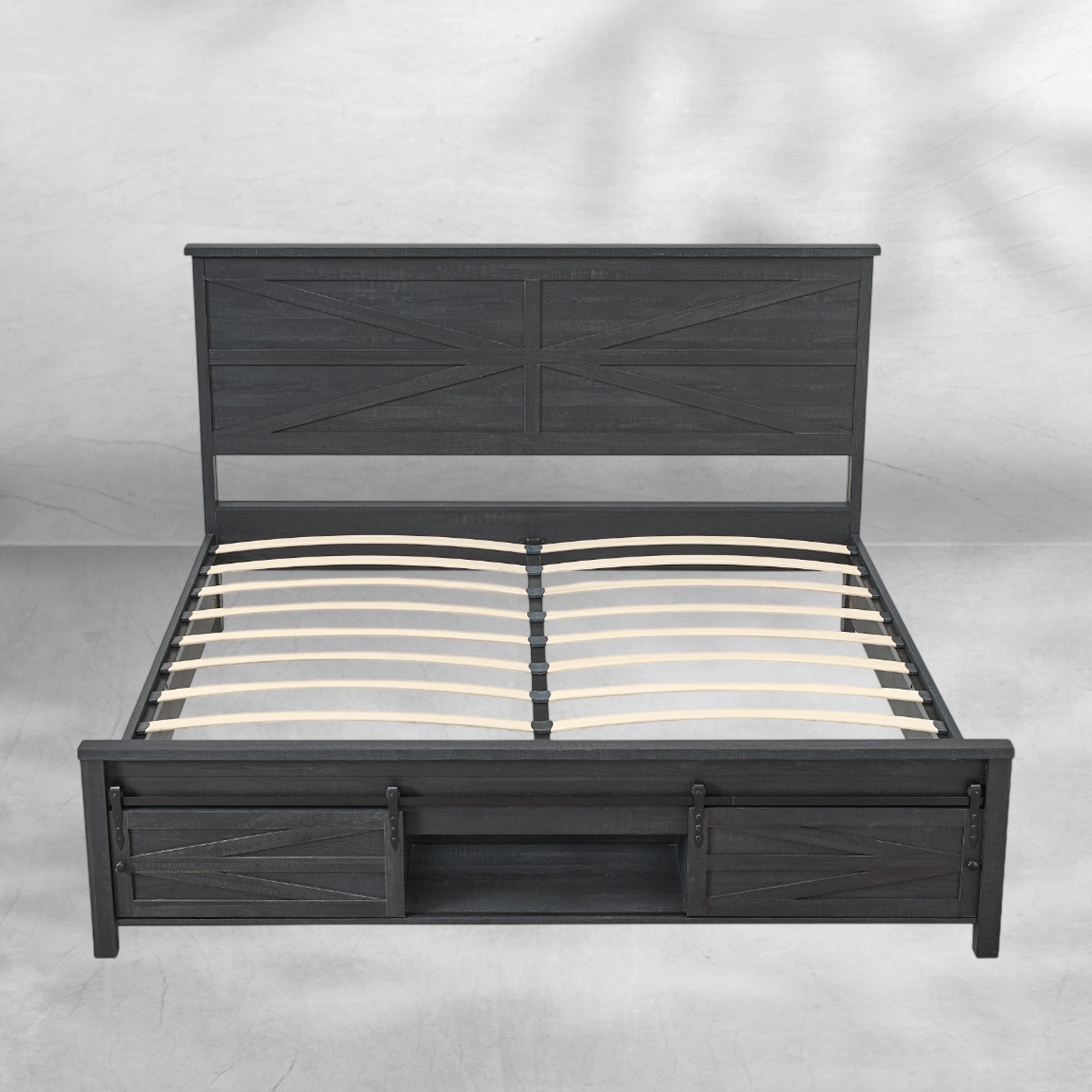 JXQTLINGMU Queen Size Farmhouse Wood Bed Frame 64" with Barn Door Cabinets