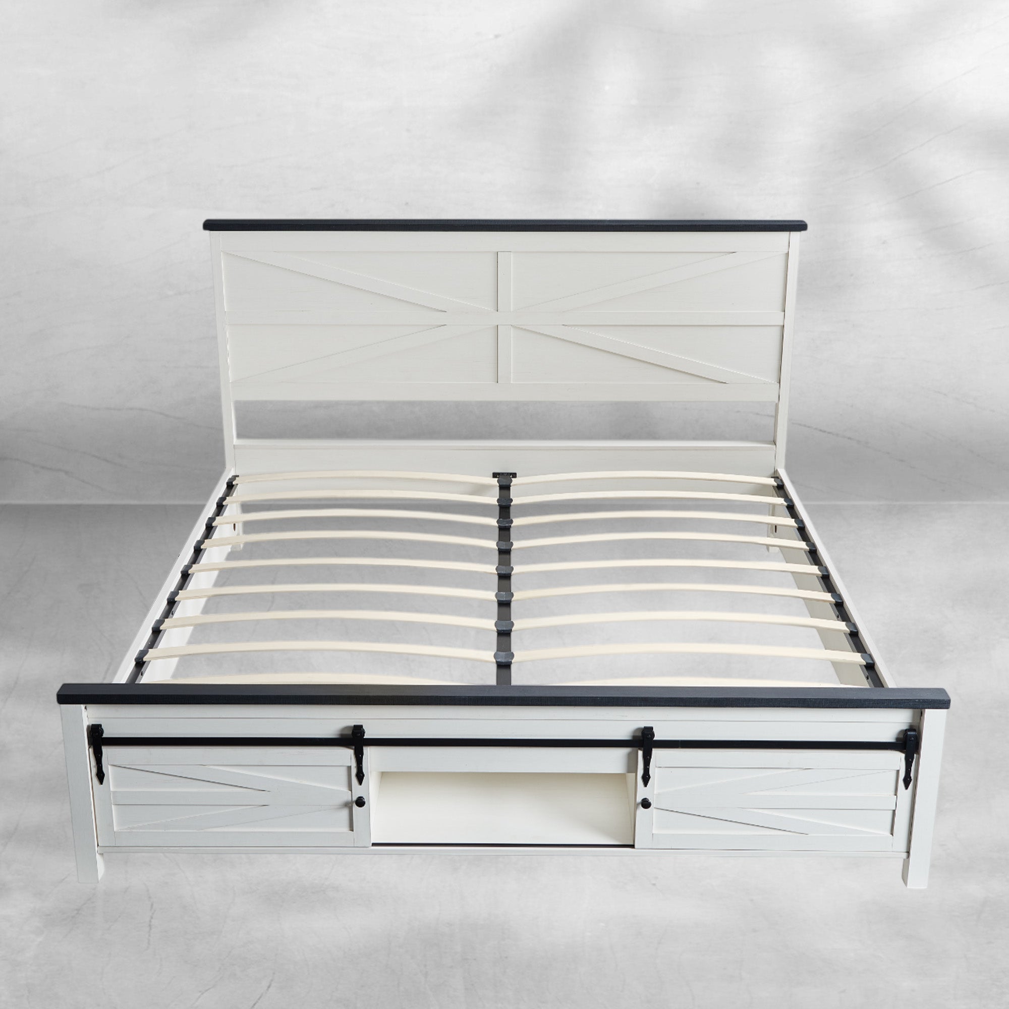 JXQTLINGMU Queen Size Farmhouse Wood Bed Frame 64" with Barn Door Cabinets