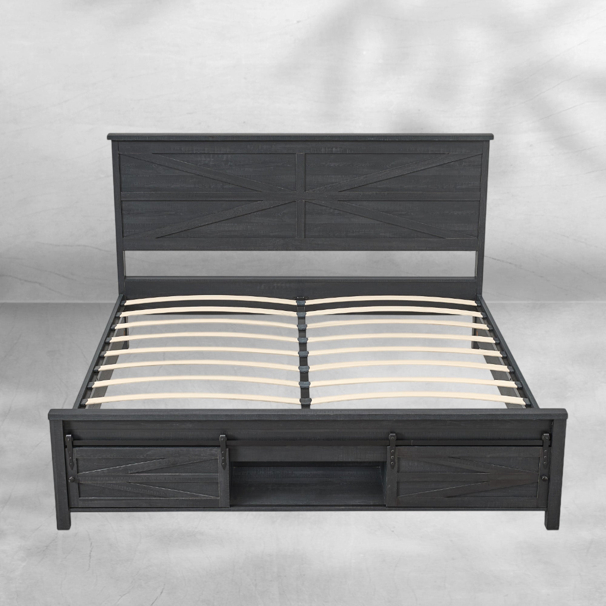 JXQTLINGMU Full Size Farmhouse Wood Bed Frame 58" with Barn Door Cabinets